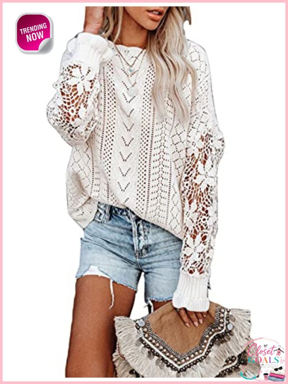 Crochet Lace Long Sleeve Cable Knit Sweater Pullover